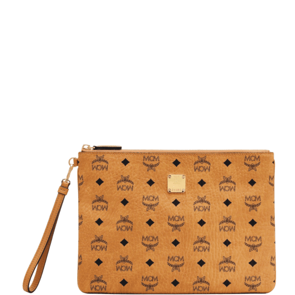 MCM MEDIUM WRISTLET ZIP POUCH IN VISETOS ORIGINAL COGNAC