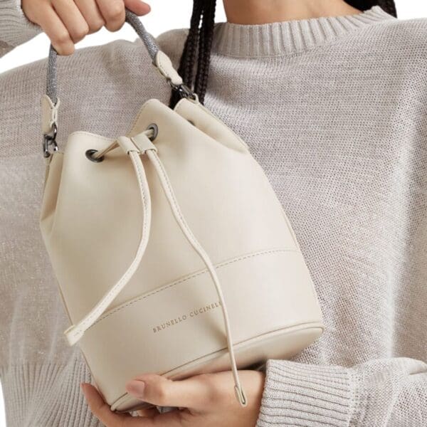 BRUNELLO CUCINELLI CALFSKIN BUCKET BAG WITH PRECIOUS BRAIDED HANDLE