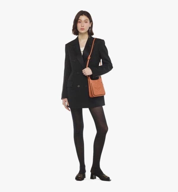 MCM MINI HIMMEL HOBO IN EMBOSSED LOGO LEATHER COGNAC