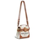 BALMAIN ECRU CANVAS B-BUZZ 23 BAG WITH BROWN LEATHER PANELS