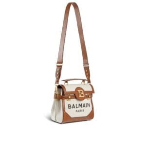 BALMAIN ECRU CANVAS B-BUZZ 23 BAG WITH BROWN LEATHER PANELS