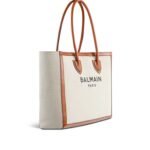 BALMAIN ECRU CANVAS B-ARMY 42 TOTE BAG WITH BROWN LEATHER PANELS