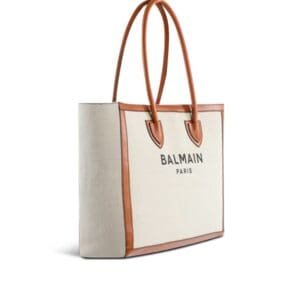 BALMAIN ECRU CANVAS B-ARMY 42 TOTE BAG WITH BROWN LEATHER PANELS