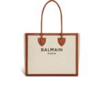 BALMAIN ECRU CANVAS B-ARMY 42 TOTE BAG WITH BROWN LEATHER PANELS