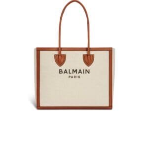 BALMAIN ECRU CANVAS B-ARMY 42 TOTE BAG WITH BROWN LEATHER PANELS