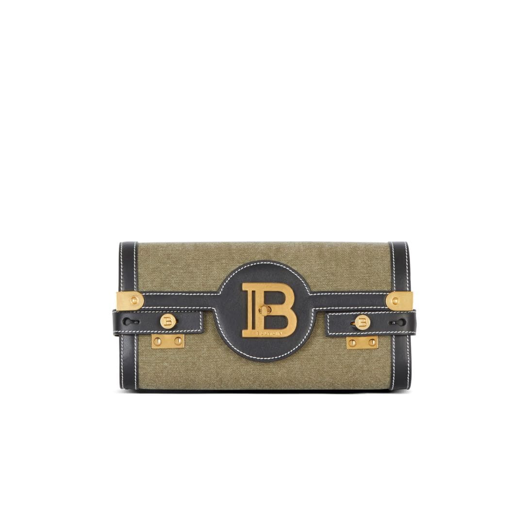 BALMAIN CANVAS B-BUZZ 23 CLUTCH BAG WITH LEATHER PANELS