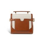 BALMAIN ECRU CANVAS B-BUZZ 23 BAG WITH BROWN LEATHER PANELS