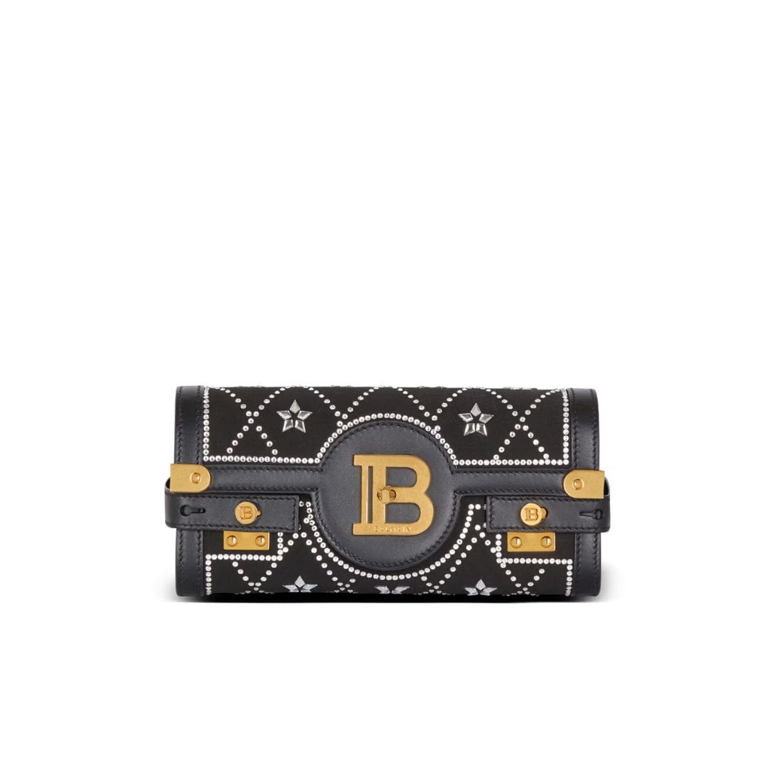 BALMAIN B-BUZZ POUCH 23 SATIN AND CRYSTALS CLUTCH