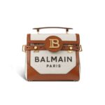 BALMAIN ECRU CANVAS B-BUZZ 23 BAG WITH BROWN LEATHER PANELS