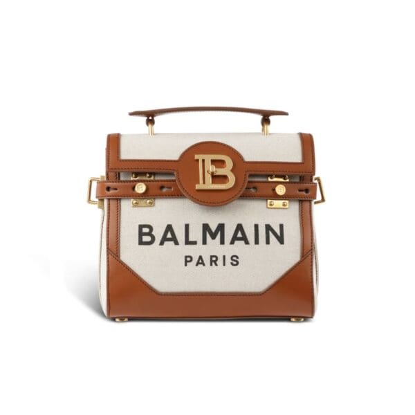BALMAIN ECRU CANVAS B-BUZZ 23 BAG WITH BROWN LEATHER PANELS