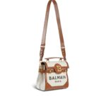 BALMAIN ECRU CANVAS B-BUZZ 23 BAG WITH BROWN LEATHER PANELS
