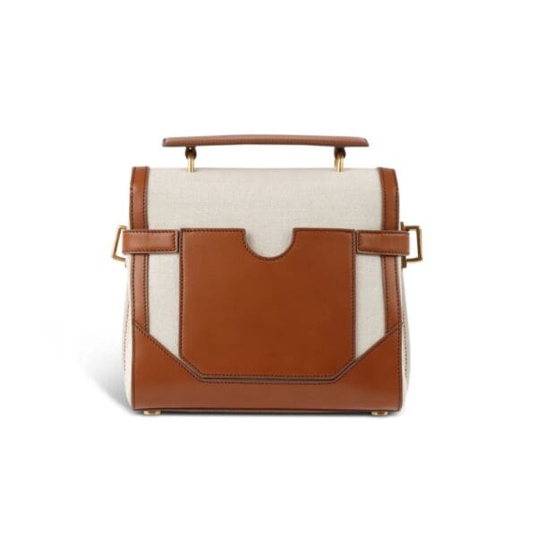 BALMAIN ECRU CANVAS B-BUZZ 23 BAG WITH BROWN LEATHER PANELS - Image 3