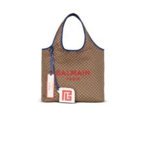 BALMAIN GROCERY BAG IN MONOGRAM CANVAS AND SMOOTH LEATHER
