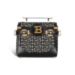 BALMAIN BICOLOR JACQUARD B-BUZZ 23 BAG WITH BLACK LEATHER PANEL