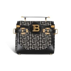 BALMAIN BICOLOR JACQUARD B-BUZZ 23 BAG WITH BLACK LEATHER PANEL