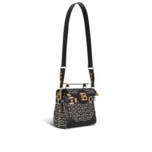 BALMAIN BICOLOR JACQUARD B-BUZZ 23 BAG WITH BLACK LEATHER PANEL