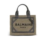 BALMAIN B-ARMY SMALL CANVAS SHOPPING BAG WITH LEATHER INSERTS