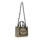 BALMAIN B-ARMY SMALL CANVAS SHOPPING BAG WITH LEATHER INSERTS
