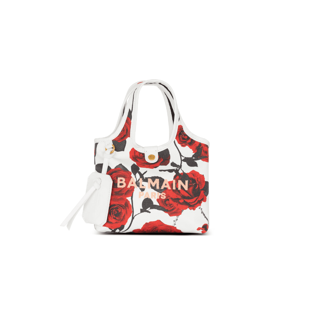 balmain canvas b-army mini grocery bag with a roses print