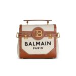 BALMAIN ECRU CANVAS B-BUZZ 23 BAG WITH BROWN LEATHER PANELS