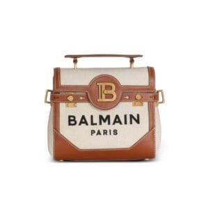 BALMAIN ECRU CANVAS B-BUZZ 23 BAG WITH BROWN LEATHER PANELS