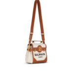 BALMAIN ECRU CANVAS B-BUZZ 23 BAG WITH BROWN LEATHER PANELS