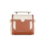 BALMAIN ECRU CANVAS B-BUZZ 23 BAG WITH BROWN LEATHER PANELS