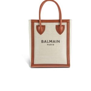 BALMAIN ECRU CANVAS B-ARMY 26 BAG WITH BROWN LEATHER PANELS
