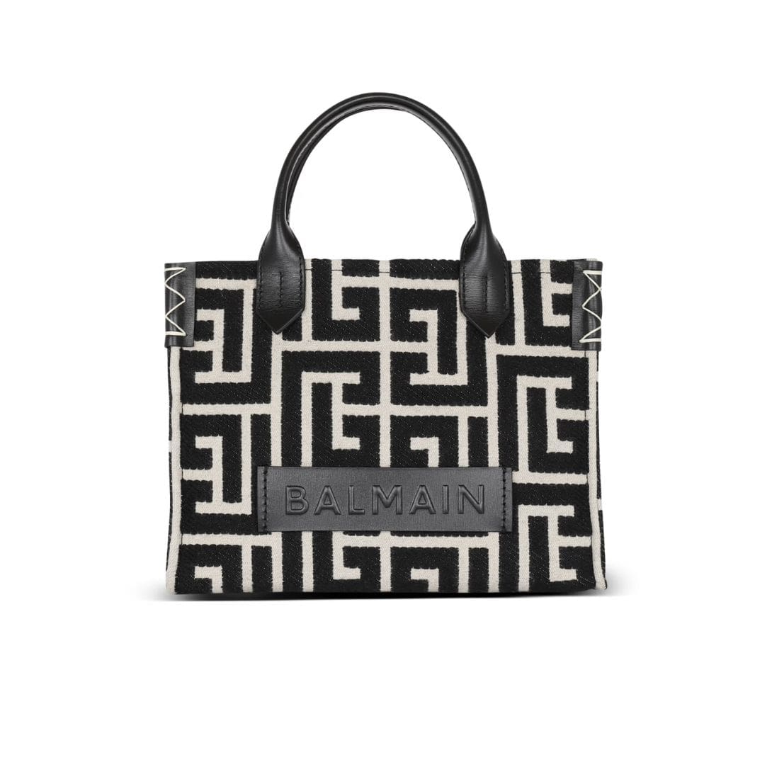 BALMAIN B-ARMY MONOGRAMMED JACQUARD AND LEATHER TOTE BAG