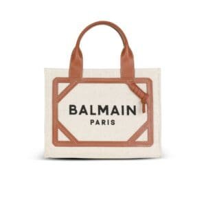 BALMAIN B-ARMY SMALL CANVAS SHOPPING BAG WITH LEATHER INSERTS