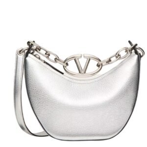 VALENTINO GARAVANI VLOGO MOON MINI HOBO BAG IN METALLIC GRAINY CALFSKIN WITH CHAIN