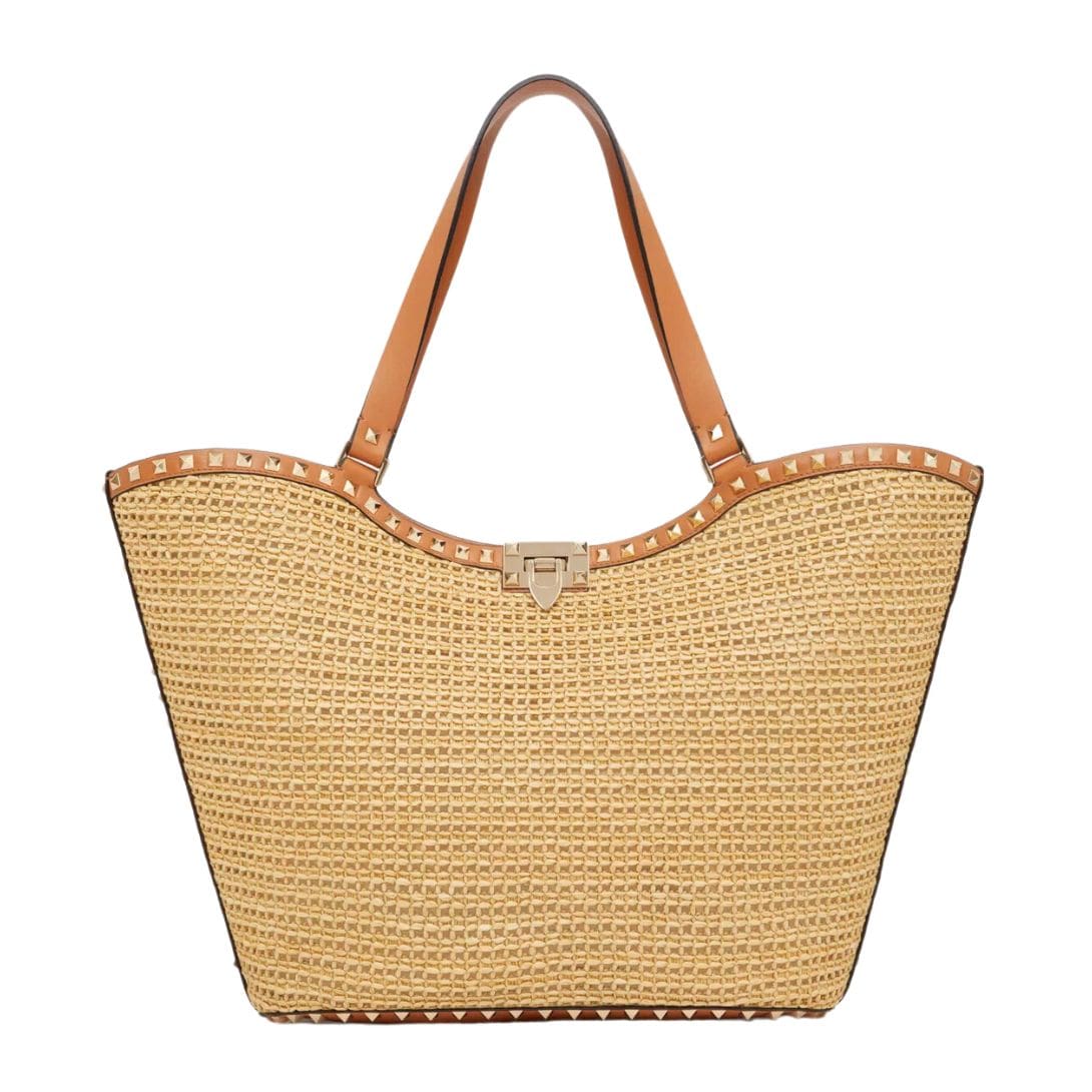 VALENTINO GARAVANI ROCKSTUD WOVEN RAFFIA SHOPPING BAG