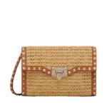VALENTINO GARAVANI SMALL ROCKSTUD SHOULDER BAG IN WOVEN RAFFIA