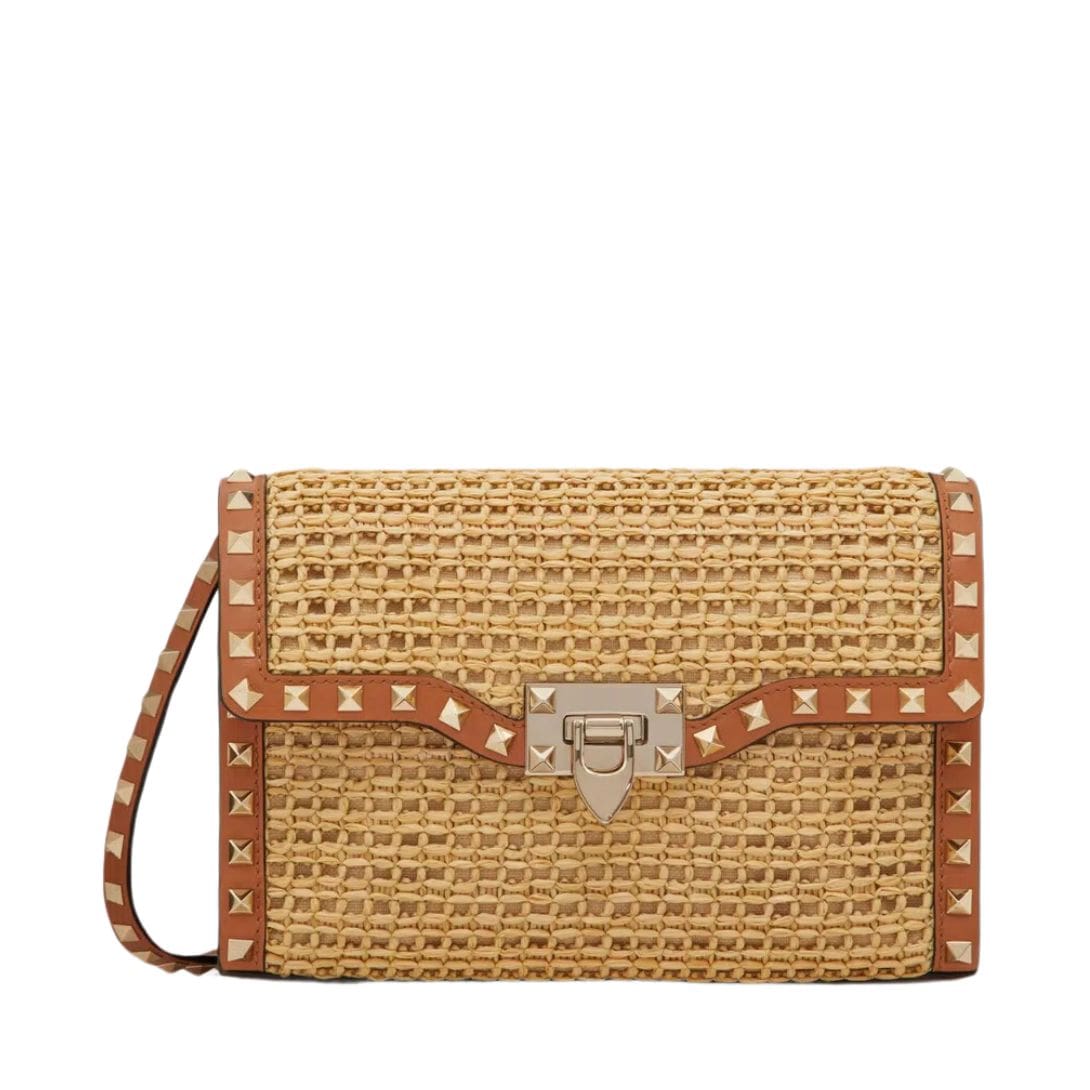 VALENTINO GARAVANI SMALL ROCKSTUD SHOULDER BAG IN WOVEN RAFFIA