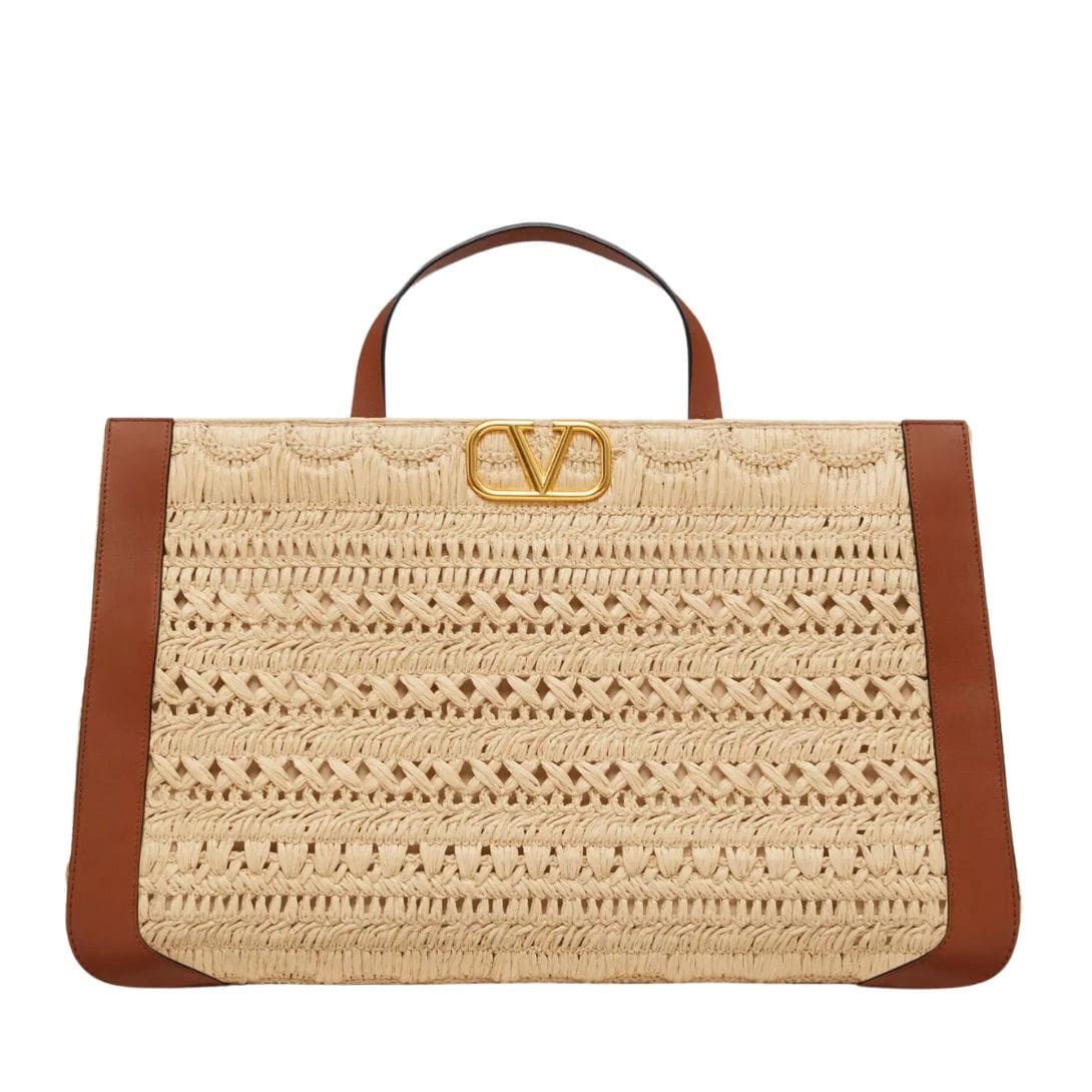 VALENTINO GARAVANI VLOGO SIGNATURE EMBROIDERED RAFFIA HANDBAG