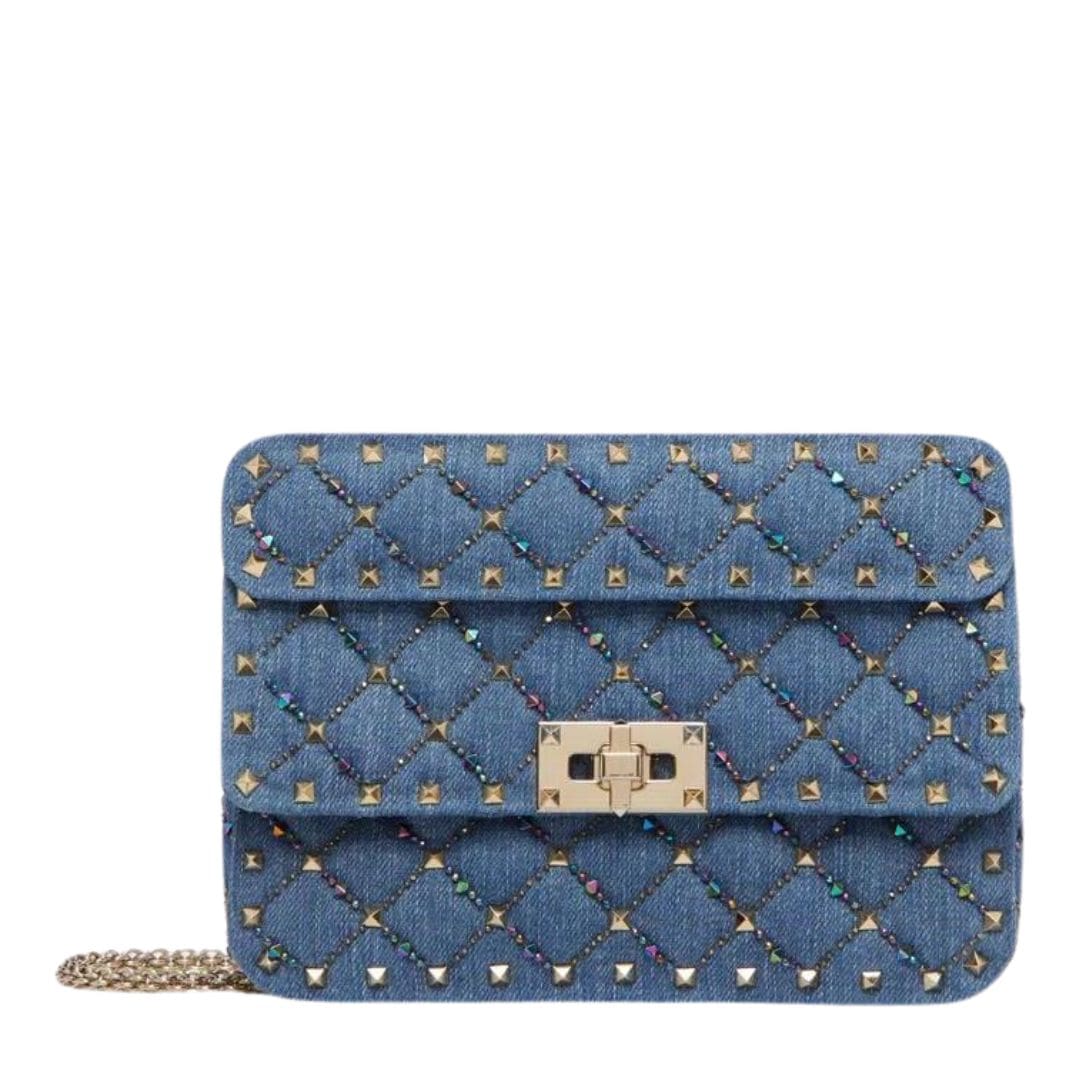 VALENTINO GARAVANI SMALL ROCKSTUD SPIKE EMBROIDERED DENIM BAG