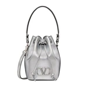 VALENTINO GARAVANI MINI VLOGO SIGNATURE BUCKET BAG IN METALLIC NAPPA LEATHER