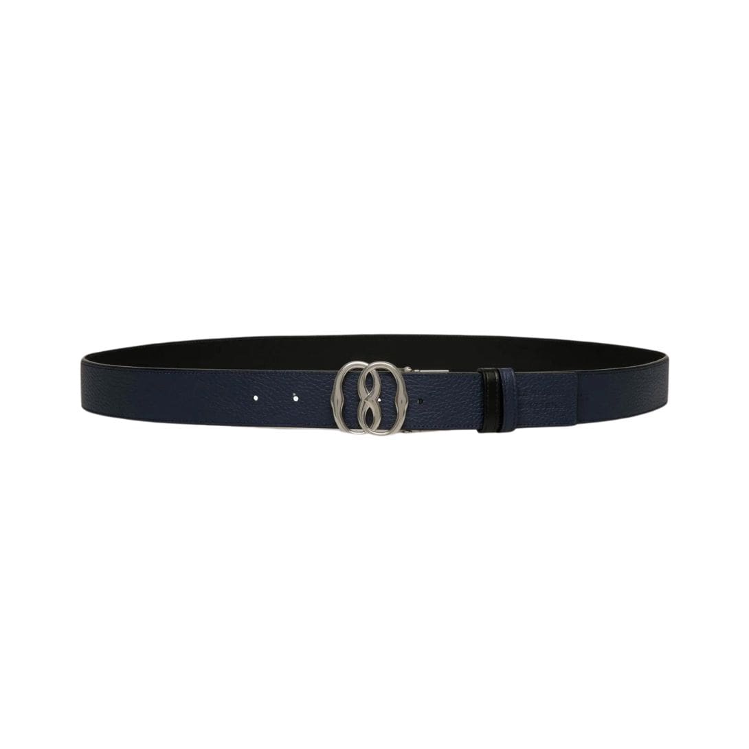 BALLY EMBLEM 35MM REVERSIBLE AND ADJUSTABLE BELT IN BLACK AND BLUE LEATHER