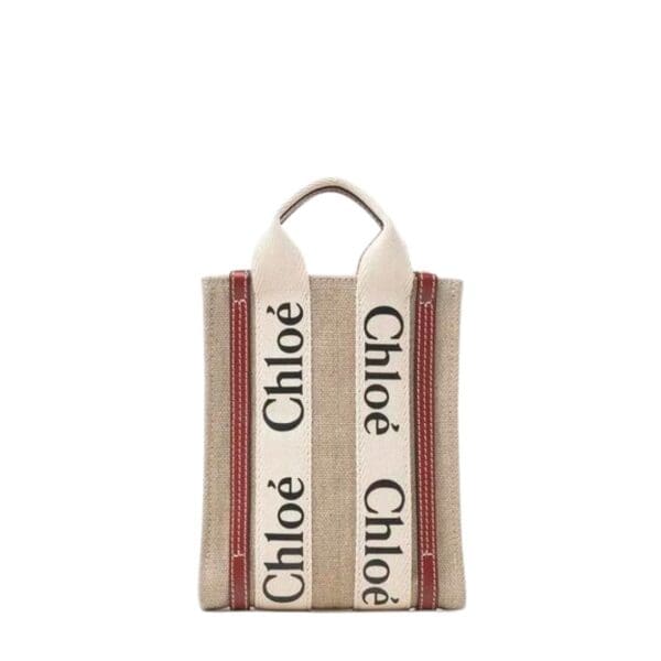 CHLOE MINI WOODY NORTH/SOUTH TOTE BAG IN LINEN WHITE & BROWN