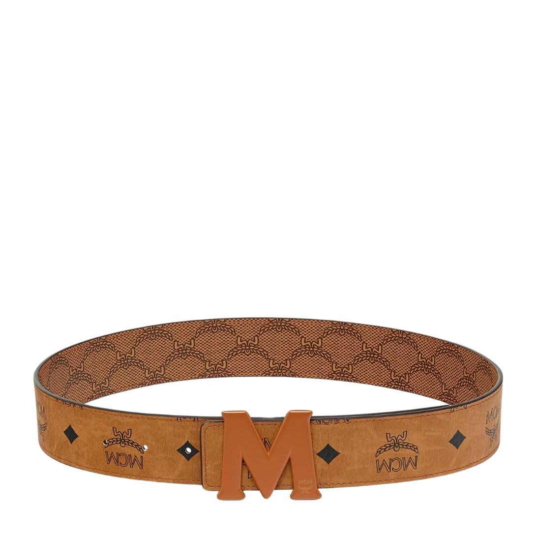 MCM CLAUS M REVERSIBLE MONOGRAM BELT 1.5” COGNAC