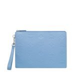 MCM AREN WRISTLET ZIP POUCH IN MAXI MONOGRAM LEATHER BLUE