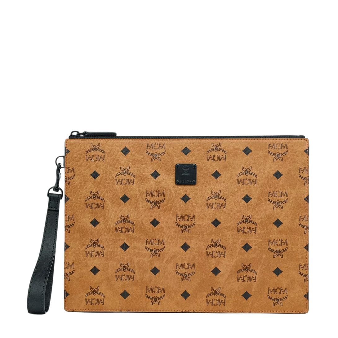 MCM AREN WRISTLET ZIP POUCH IN VISETOS COGNAC