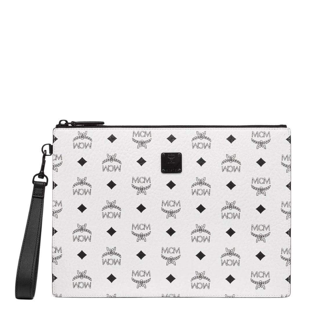 MCM AREN WRISTLET ZIP POUCH IN VISETOS WHITE