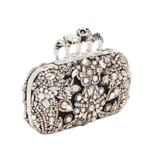 Alexander McQueen Women's Victorian Jewel Knuckle Clutch in Silver: an exquisite blend of vintage charm and modern elegance, adorned with ornate jewels.