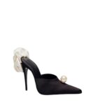 MAGDA BUTRYM POINTED FLOWER MULES IN BLACK SATIN