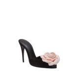 MAGDA BUTRYM FLOWER PEEP TOE MULES IN BLACK SUEDE