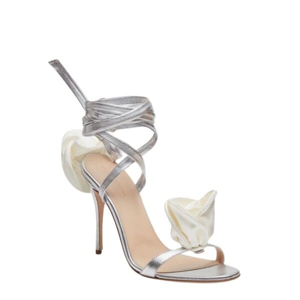 MAGDA BUTRYM DOUBLE FLOWER HEEL SANDALS IN SILVER