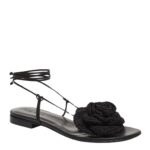 MAGDA BUTRYM WRAP AROUND FLAT FLOWER SANDALS IN BLACK CROCHET