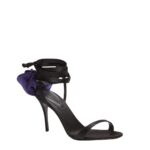 MAGDA BUTRYM DOUBLE PURPLE FLOWER HEEL SANDALS IN BLACK SATIN