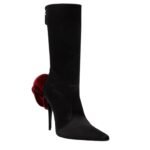 MAGDA BUTRYM RED FLOWER SHARP POINTED CALF BOOTS IN SATIN
